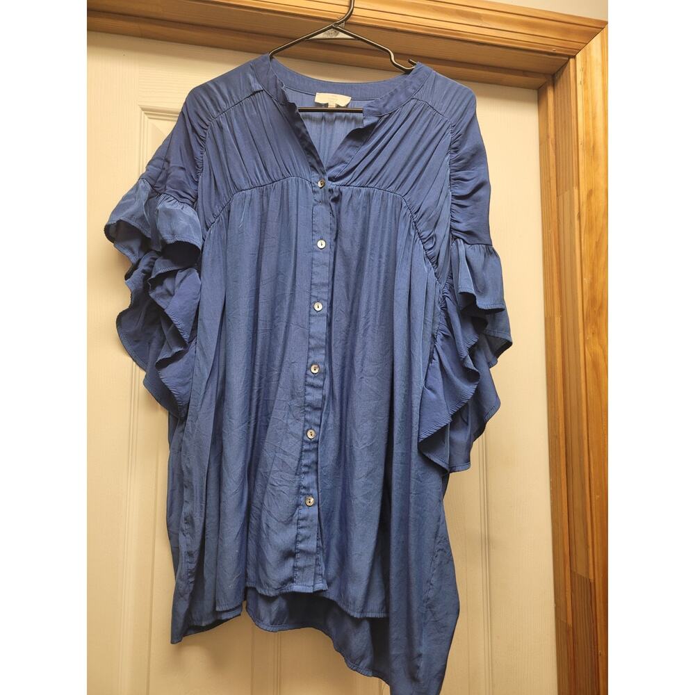 Entro Women's Blue Ruffle Sleeve Babydoll Tunic Blouse Women’s Plus Size 1X